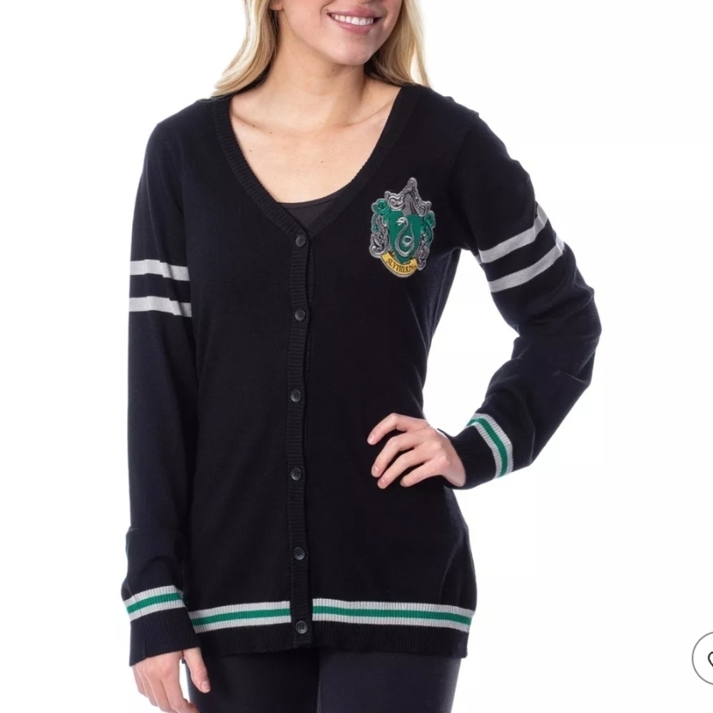Black Cardigan with Green and Gray Accents
